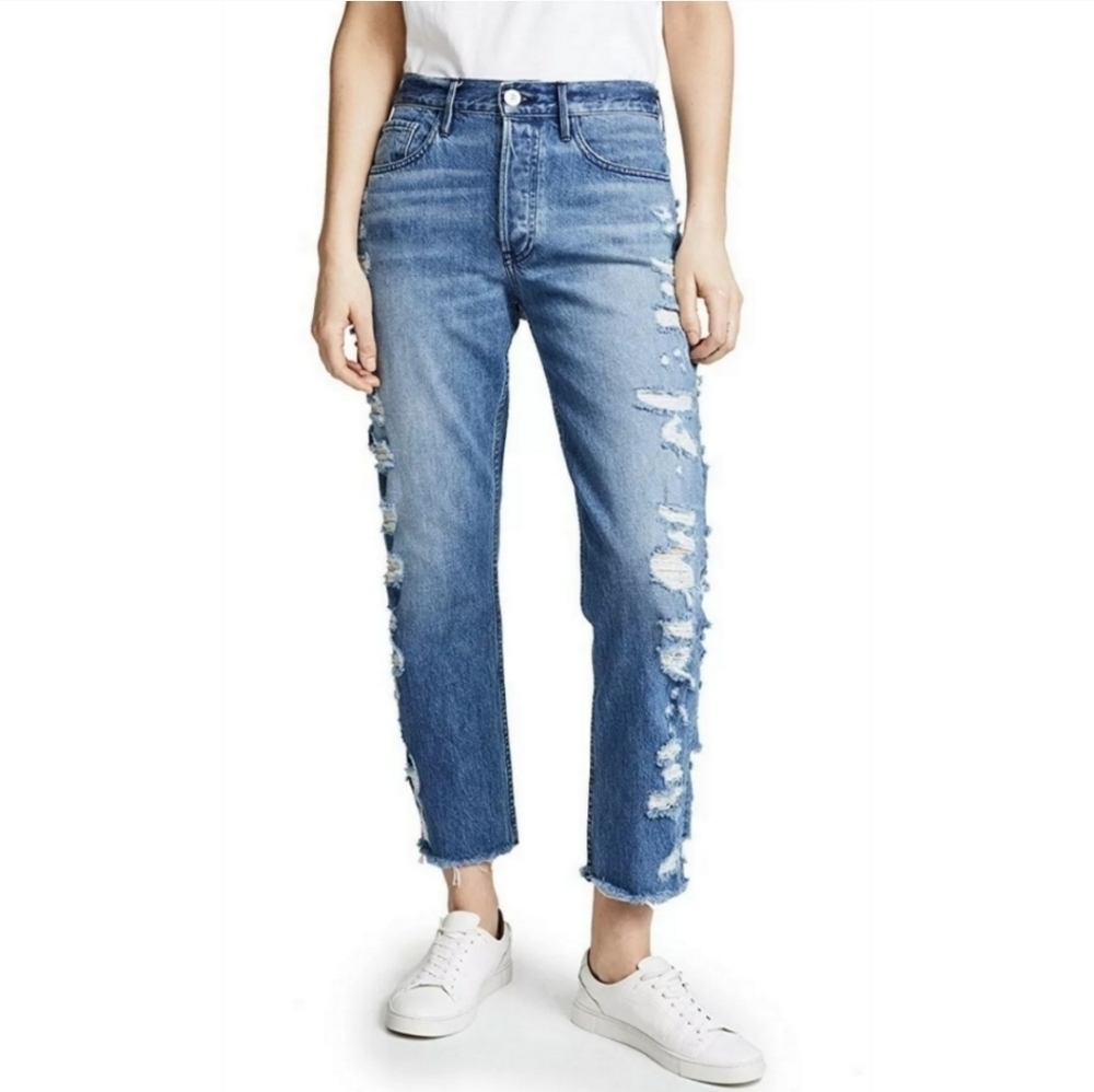 3x1‎ W3 Higher Ground Boyfriend Slim Fit Crop Distressed Denim Jeans Frayed Hem
